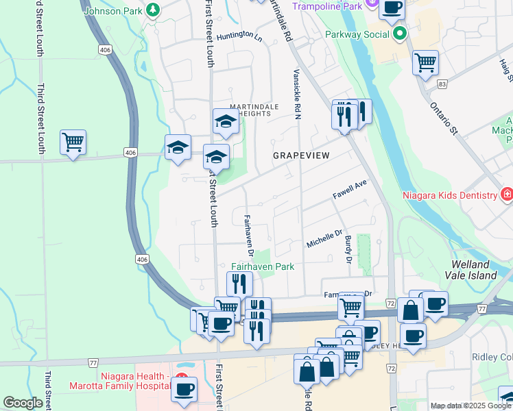 map of restaurants, bars, coffee shops, grocery stores, and more near 8 Pacifico Place in Saint Catharines