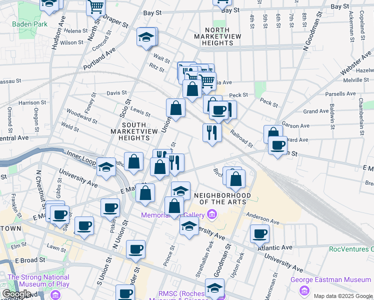 map of restaurants, bars, coffee shops, grocery stores, and more near 87 Prince Street in Rochester