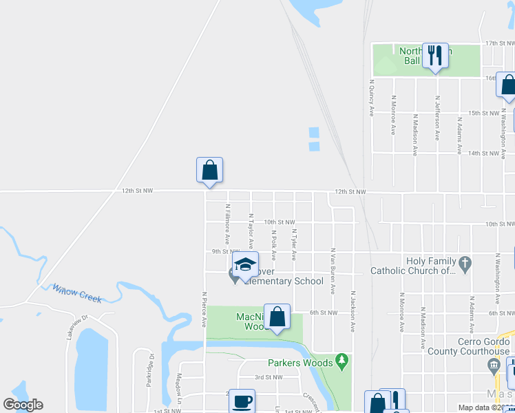 map of restaurants, bars, coffee shops, grocery stores, and more near 1019 North Taylor Avenue in Mason City
