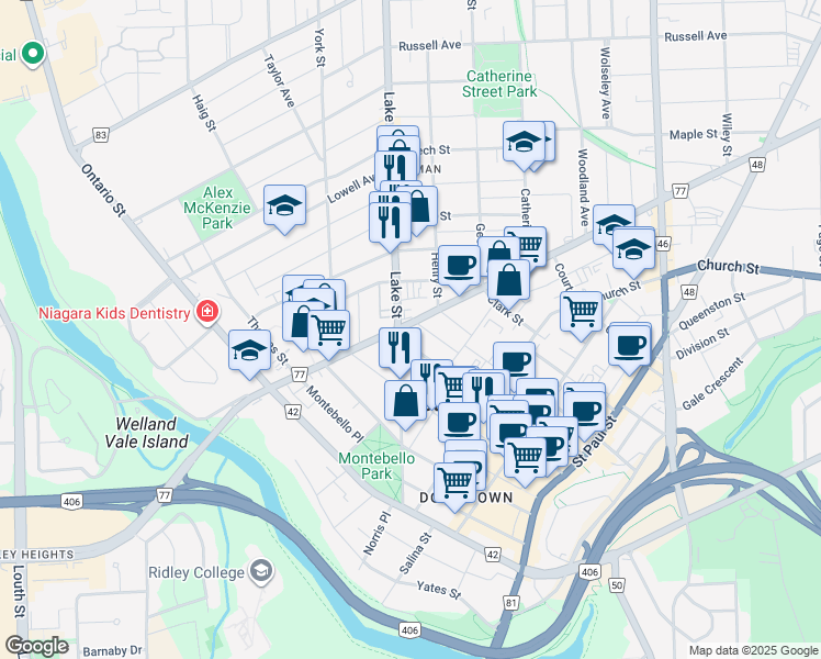 map of restaurants, bars, coffee shops, grocery stores, and more near 66 Welland Avenue in St. Catharines