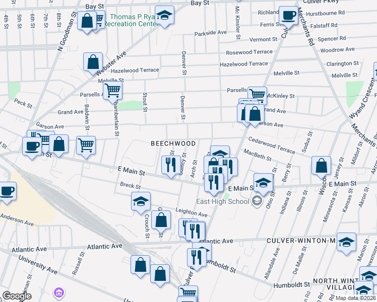 map of restaurants, bars, coffee shops, grocery stores, and more near 177 Cedarwood Terrace in Rochester