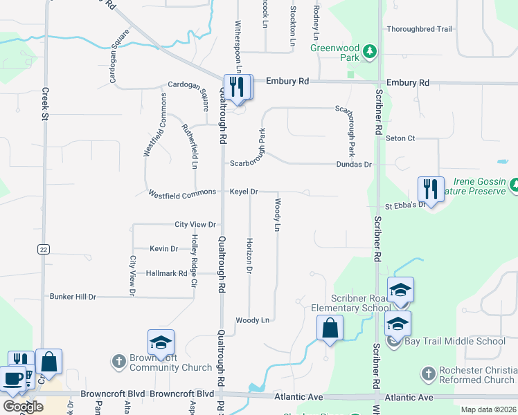 map of restaurants, bars, coffee shops, grocery stores, and more near 3 Woody Lane in Rochester