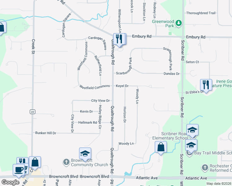 map of restaurants, bars, coffee shops, grocery stores, and more near 1 Westfield Commons in Rochester