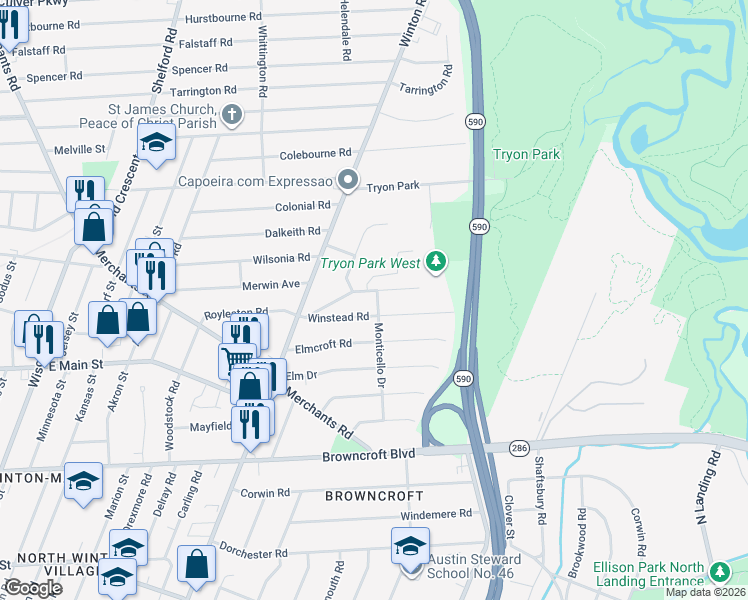 map of restaurants, bars, coffee shops, grocery stores, and more near 100 Edmonton Road in Rochester