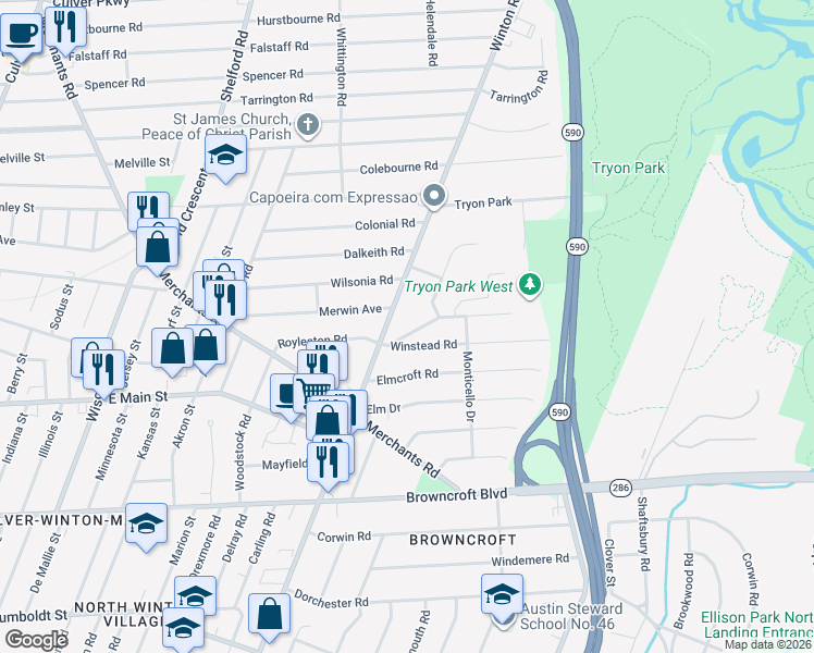 map of restaurants, bars, coffee shops, grocery stores, and more near 892 Winton Road North in Rochester