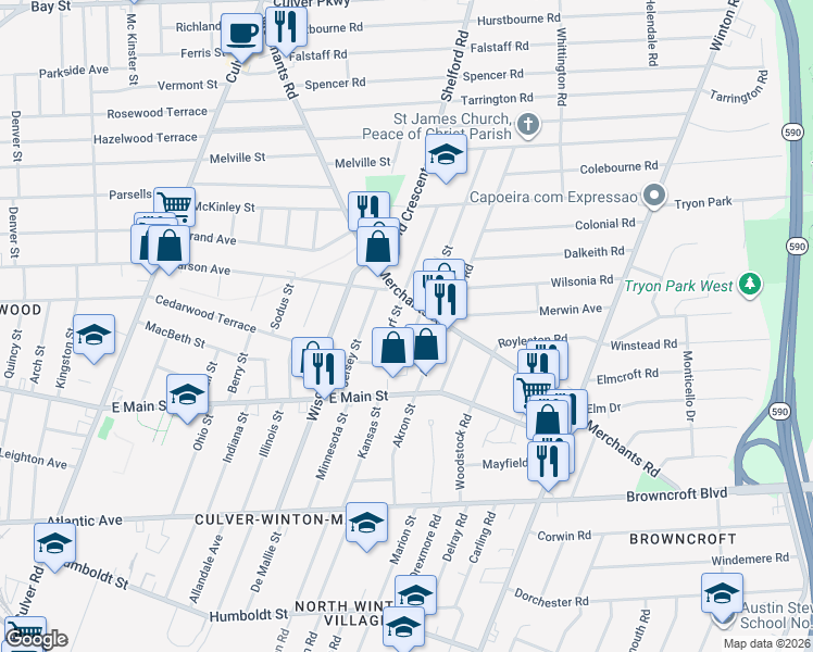 map of restaurants, bars, coffee shops, grocery stores, and more near 72 Mildorf Street in Rochester