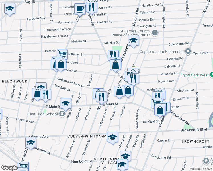 map of restaurants, bars, coffee shops, grocery stores, and more near 119 Jersey Street in Rochester