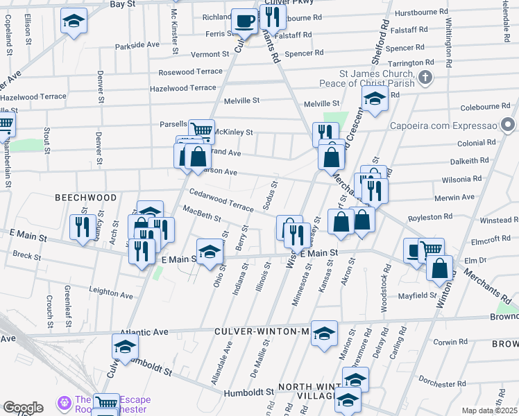map of restaurants, bars, coffee shops, grocery stores, and more near 49 Alvord Street in Rochester