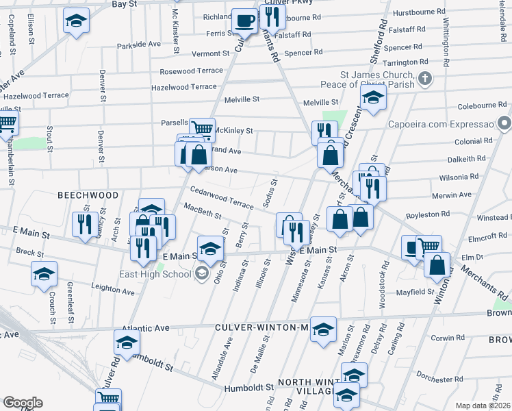 map of restaurants, bars, coffee shops, grocery stores, and more near 49 Alvord Street in Rochester