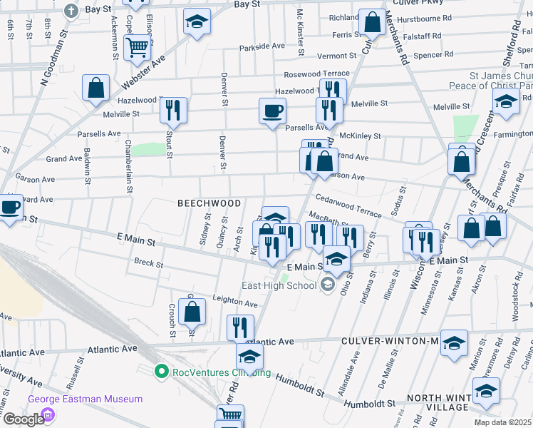 map of restaurants, bars, coffee shops, grocery stores, and more near 287 Cedarwood Terrace in Rochester