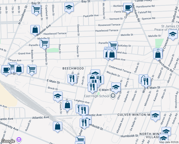 map of restaurants, bars, coffee shops, grocery stores, and more near 233 Cedarwood Terrace in Rochester