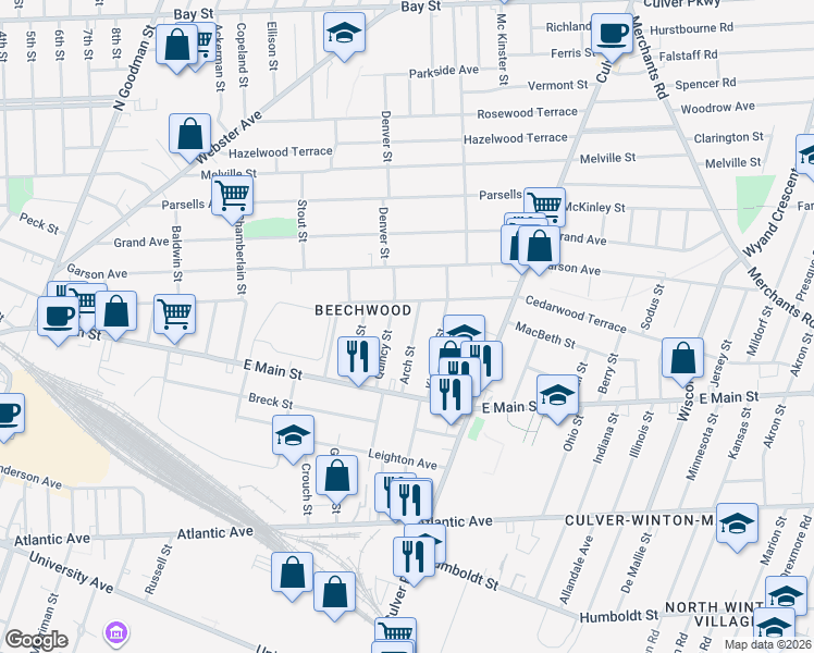map of restaurants, bars, coffee shops, grocery stores, and more near 177 Cedarwood Terrace in Rochester