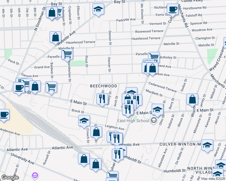 map of restaurants, bars, coffee shops, grocery stores, and more near 177 Cedarwood Terrace in Rochester