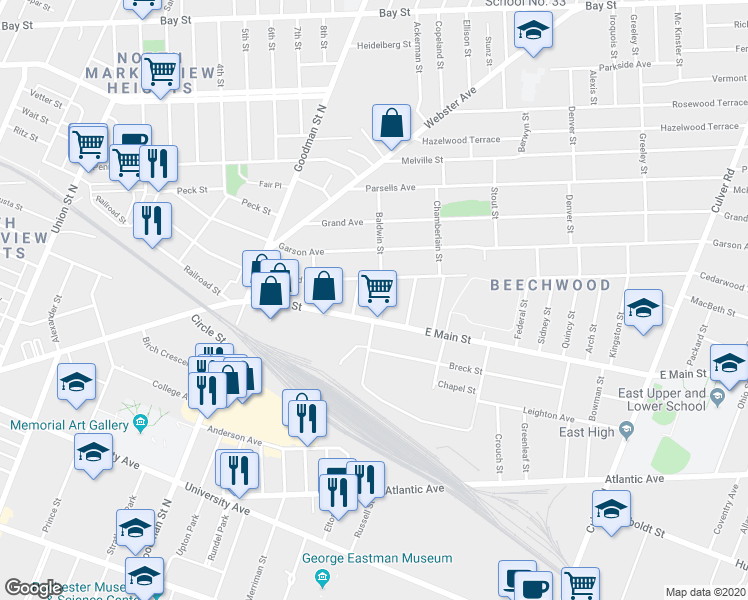 map of restaurants, bars, coffee shops, grocery stores, and more near 14 Laura Street in Rochester
