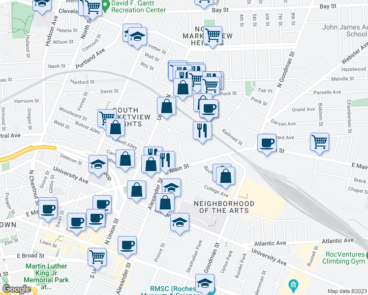 map of restaurants, bars, coffee shops, grocery stores, and more near 93 Prince Street in Rochester