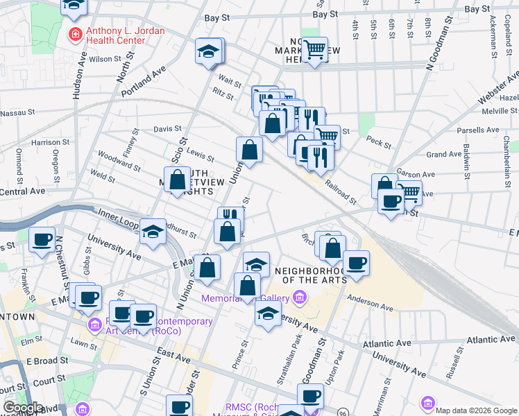 map of restaurants, bars, coffee shops, grocery stores, and more near 93 Prince Street in Rochester