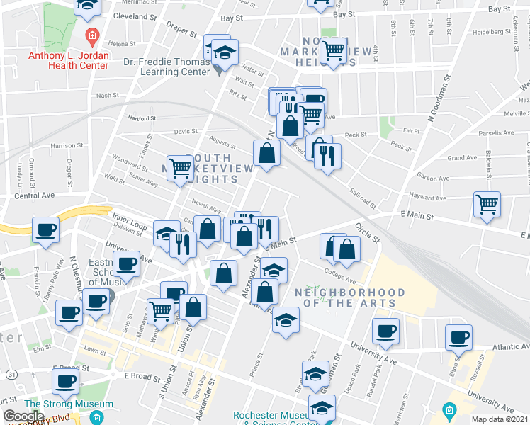 map of restaurants, bars, coffee shops, grocery stores, and more near 471 Alexander Street in Rochester