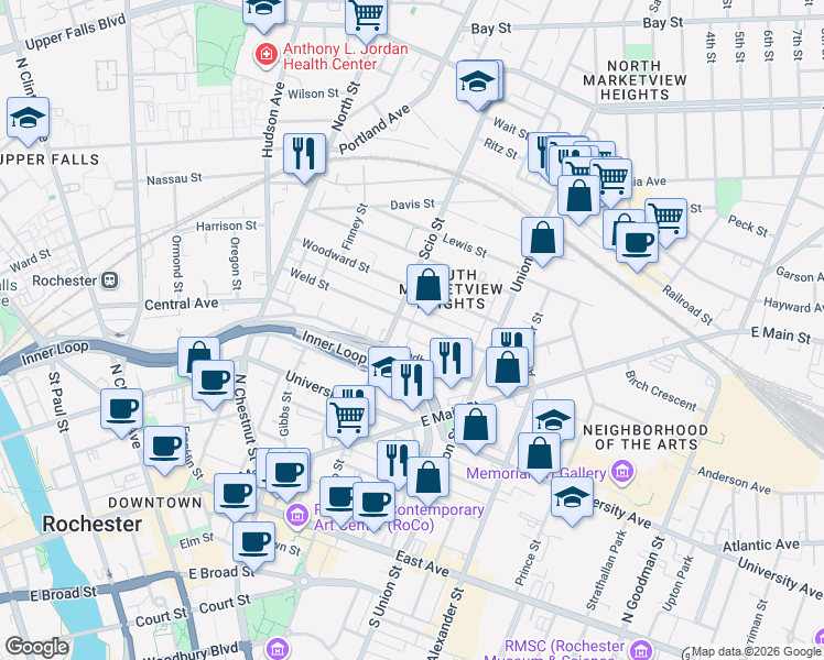 map of restaurants, bars, coffee shops, grocery stores, and more near 318 Scio Street in Rochester