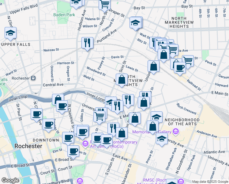 map of restaurants, bars, coffee shops, grocery stores, and more near 318 Scio Street in Rochester