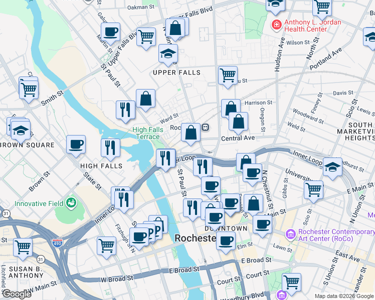 map of restaurants, bars, coffee shops, grocery stores, and more near 270 Central Avenue in Rochester