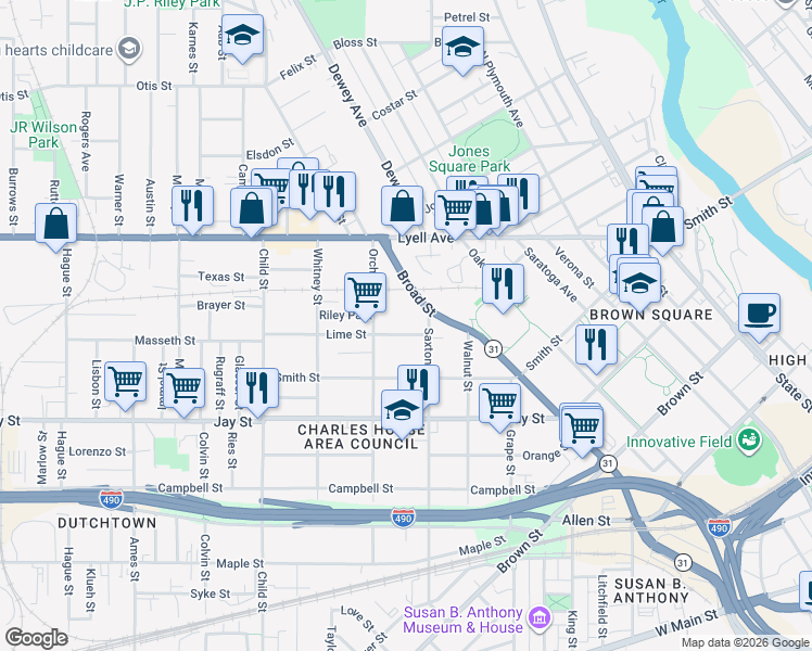 map of restaurants, bars, coffee shops, grocery stores, and more near in Rochester