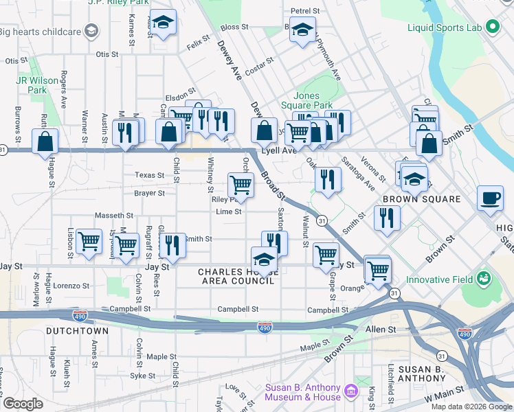 map of restaurants, bars, coffee shops, grocery stores, and more near 350 Orchard Street in Rochester