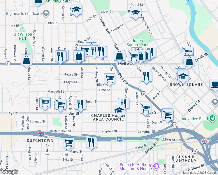 map of restaurants, bars, coffee shops, grocery stores, and more near 9 Riley Park in Rochester