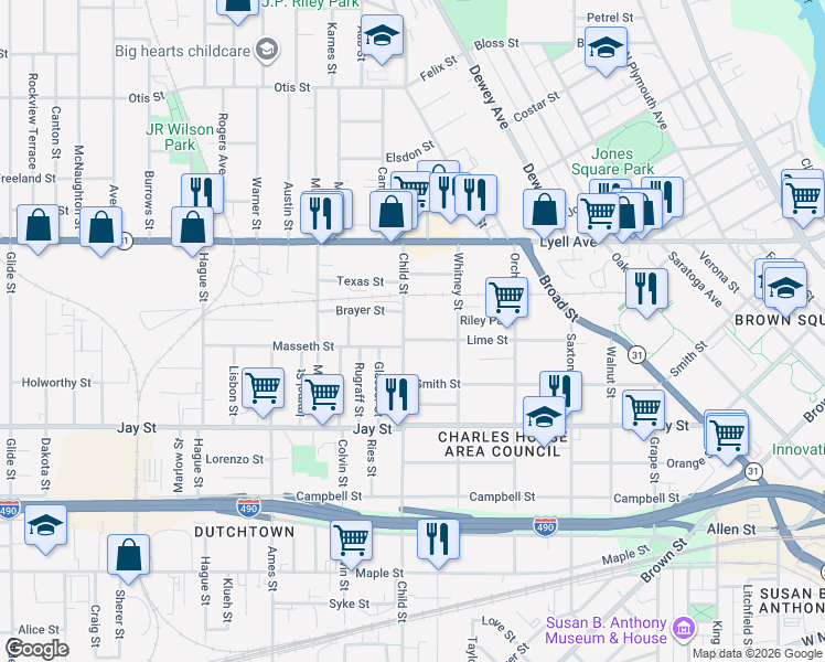 map of restaurants, bars, coffee shops, grocery stores, and more near 526 Child Street in Rochester