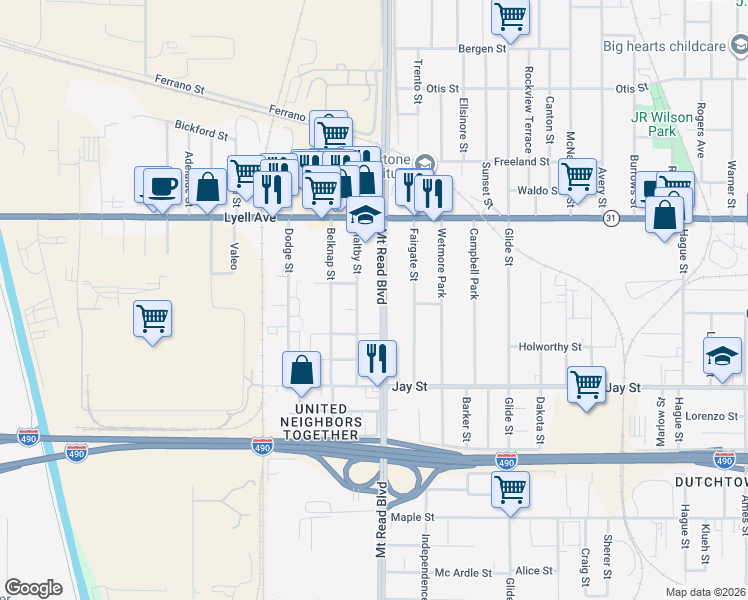map of restaurants, bars, coffee shops, grocery stores, and more near 588 Mount Read Boulevard in Rochester