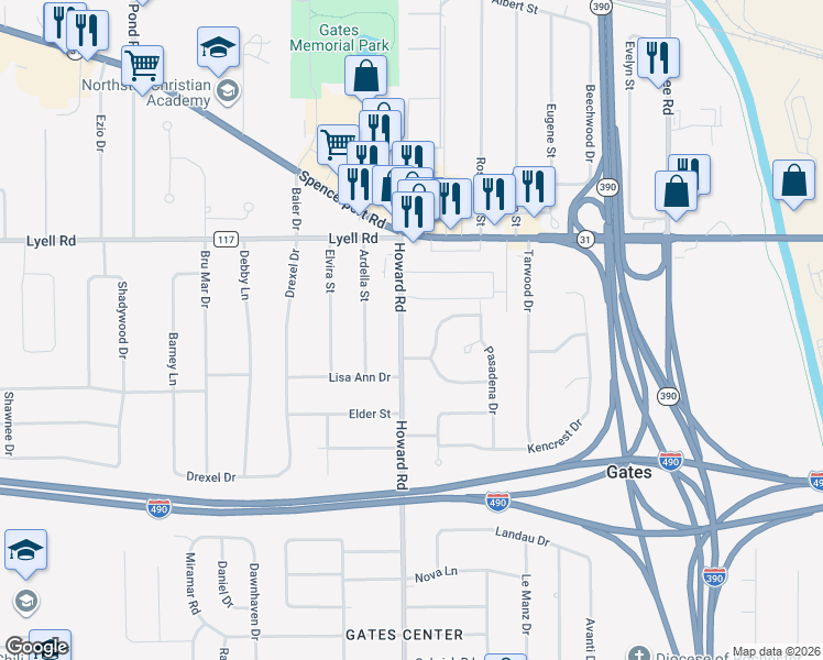 map of restaurants, bars, coffee shops, grocery stores, and more near 110 Howard Road in Rochester
