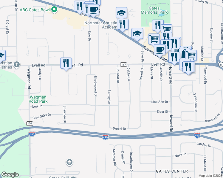 map of restaurants, bars, coffee shops, grocery stores, and more near 37 Barney Lane in Rochester