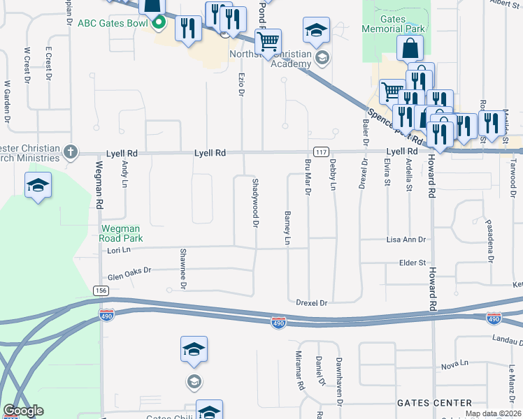 map of restaurants, bars, coffee shops, grocery stores, and more near 49 Shadywood Drive in Rochester