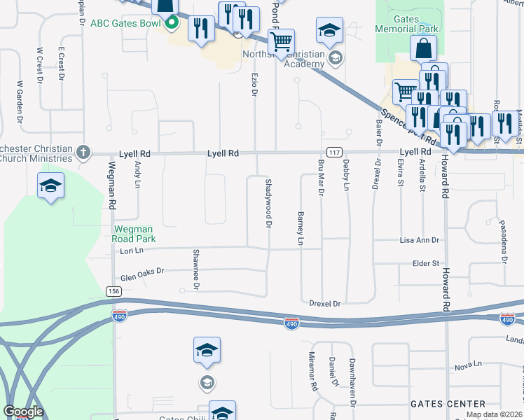 map of restaurants, bars, coffee shops, grocery stores, and more near 18 Shadywood Drive in Rochester