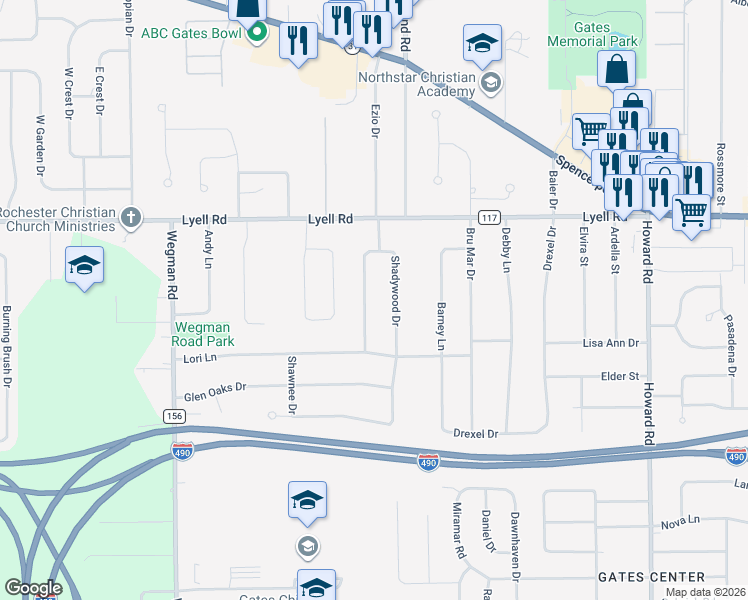 map of restaurants, bars, coffee shops, grocery stores, and more near 18 Shadywood Drive in Rochester
