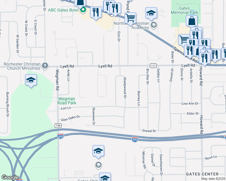 map of restaurants, bars, coffee shops, grocery stores, and more near 18 Shadywood Dr in Rochester