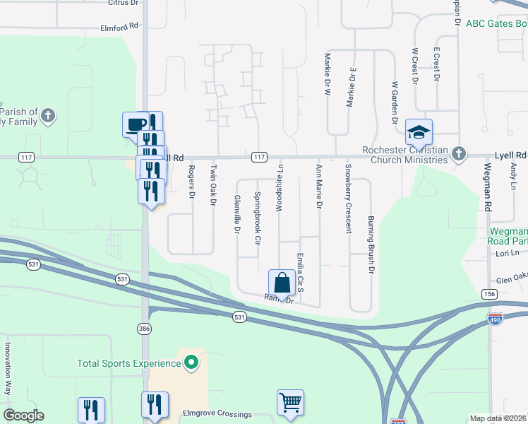 map of restaurants, bars, coffee shops, grocery stores, and more near 17 Springbrook Circle in Rochester