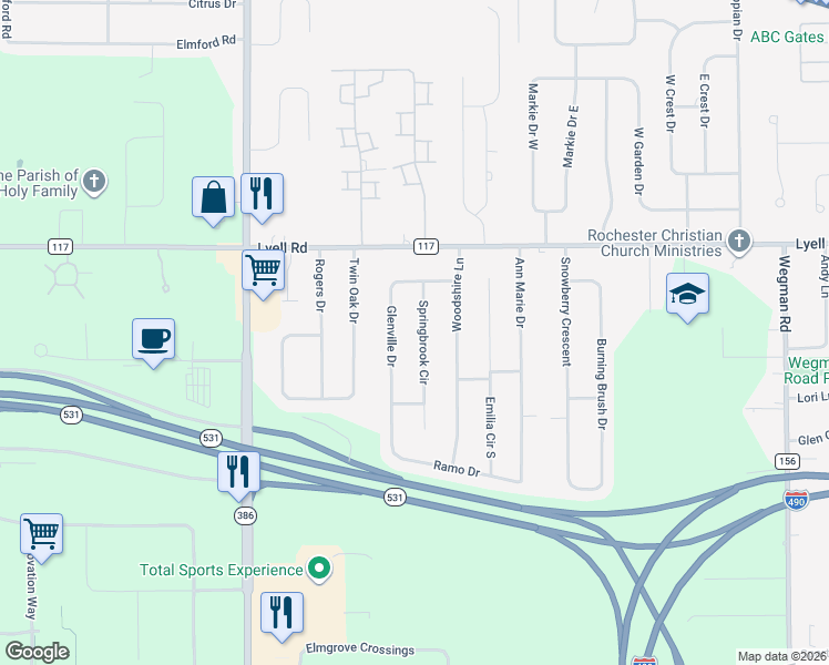 map of restaurants, bars, coffee shops, grocery stores, and more near 17 Springbrook Circle in Rochester