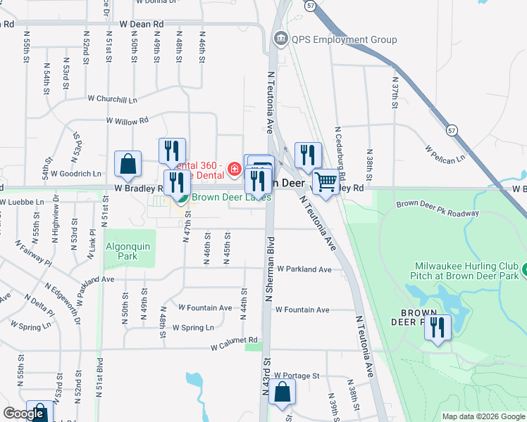 map of restaurants, bars, coffee shops, grocery stores, and more near 7979 North Sherman Boulevard in Milwaukee