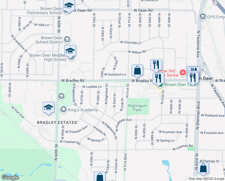 map of restaurants, bars, coffee shops, grocery stores, and more near 5224 West Luebbe Lane in Milwaukee