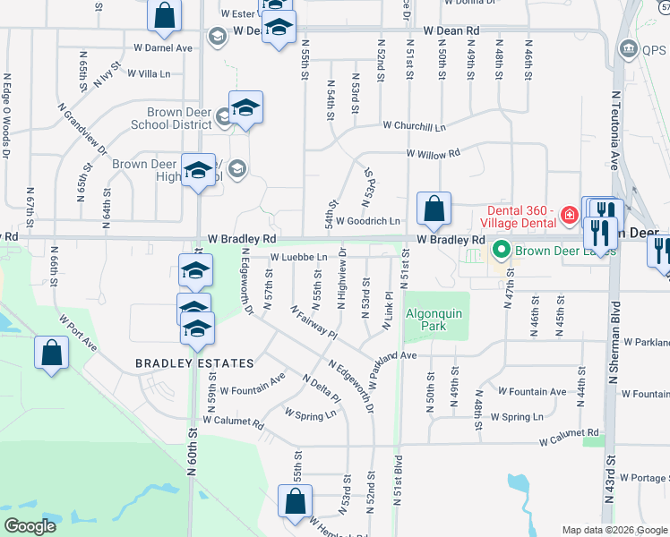 map of restaurants, bars, coffee shops, grocery stores, and more near 5404 West Luebbe Lane in Milwaukee