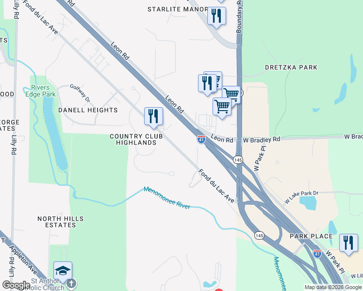 map of restaurants, bars, coffee shops, grocery stores, and more near N79W12846 West Fond Du Lac Avenue in Menomonee Falls
