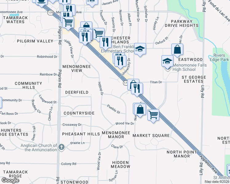 map of restaurants, bars, coffee shops, grocery stores, and more near W150N7982 Menomonee Manor Court in Menomonee Falls