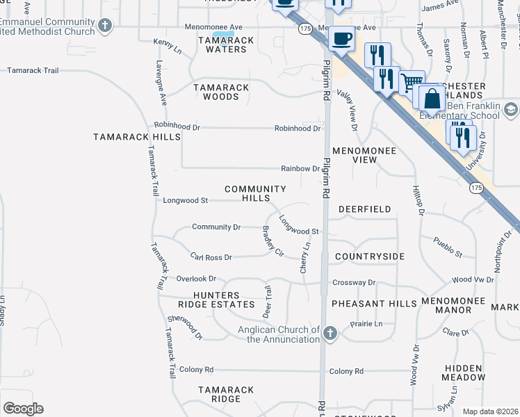 map of restaurants, bars, coffee shops, grocery stores, and more near 15934 Longwood Street in Menomonee Falls