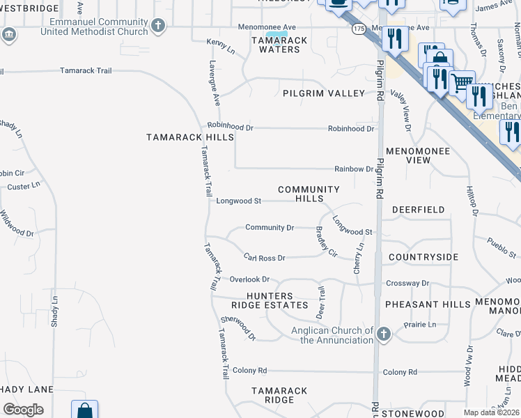 map of restaurants, bars, coffee shops, grocery stores, and more near N79W16218 Longwood Street in Menomonee Falls
