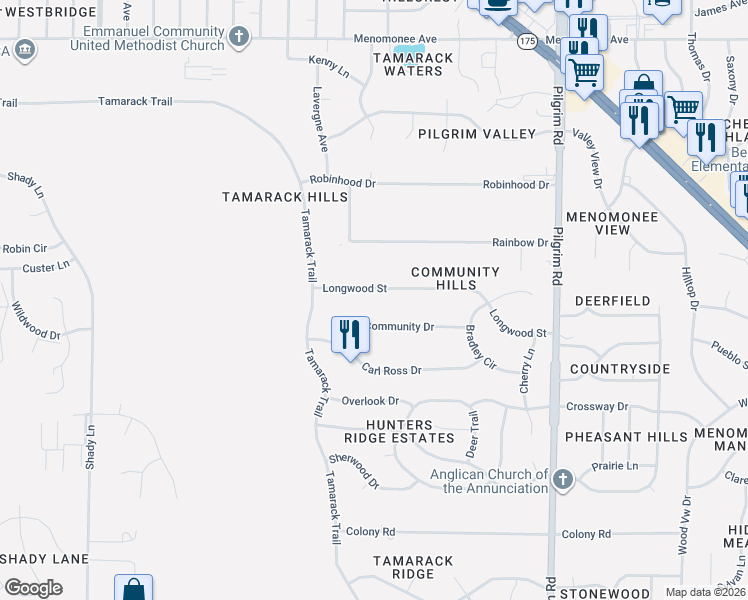 map of restaurants, bars, coffee shops, grocery stores, and more near N79W16218 Longwood Street in Menomonee Falls
