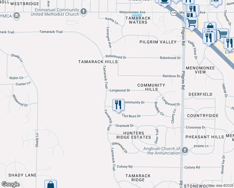 map of restaurants, bars, coffee shops, grocery stores, and more near N79W16318 Longwood Street in Menomonee Falls