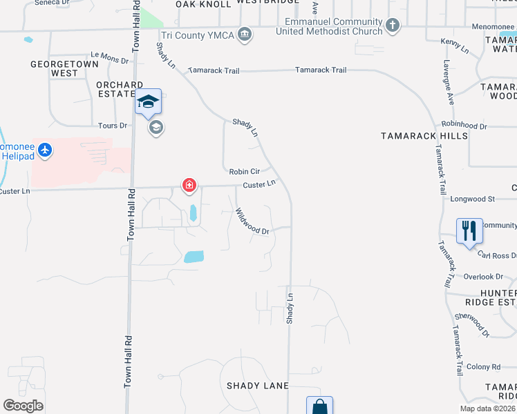 map of restaurants, bars, coffee shops, grocery stores, and more near N80W17397 Robin Circle in Menomonee Falls