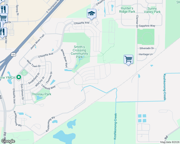 map of restaurants, bars, coffee shops, grocery stores, and more near 2152 Corbet Street in Sun Prairie