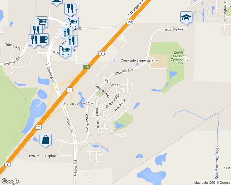 map of restaurants, bars, coffee shops, grocery stores, and more near 2597 New Town Drive in Sun Prairie