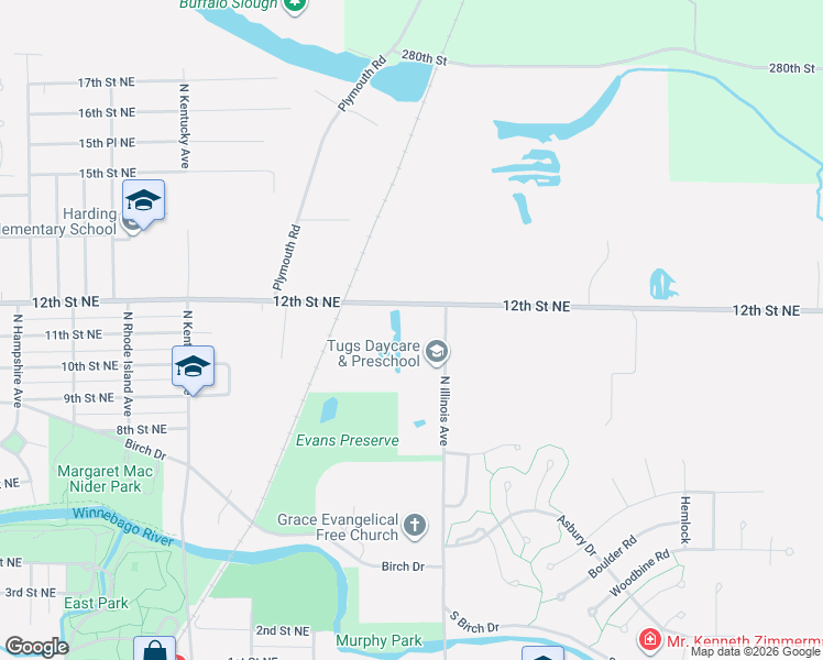 map of restaurants, bars, coffee shops, grocery stores, and more near 1621 12th Street Northeast in Mason City